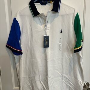 Polo by Ralph Lauren Men's White Polo with Blue and Green Sleeves